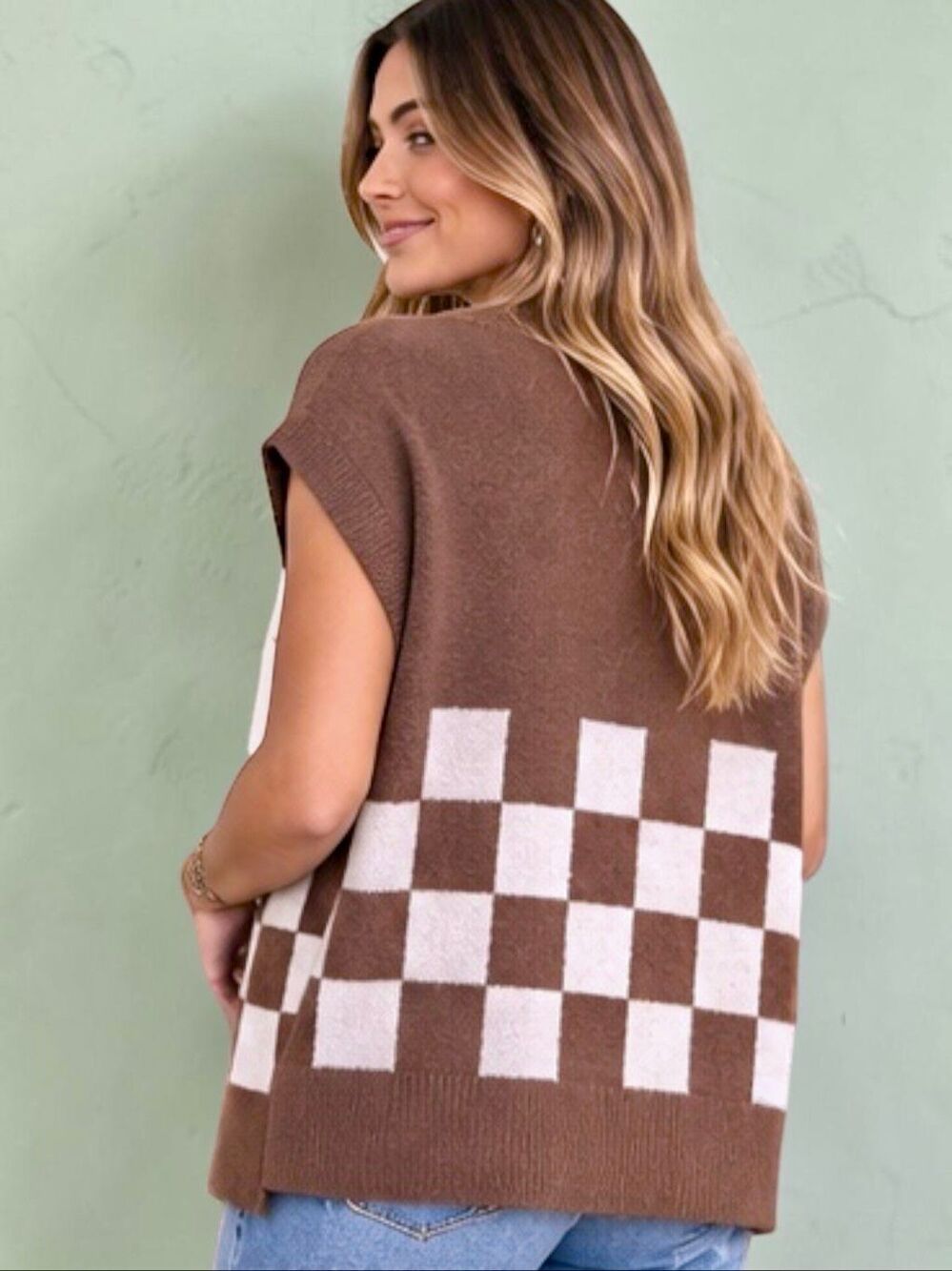 Annie Wear Brown Checkerboard Sweater Vest Button Front Knit Cardigan NEW - Picture 6 of 15